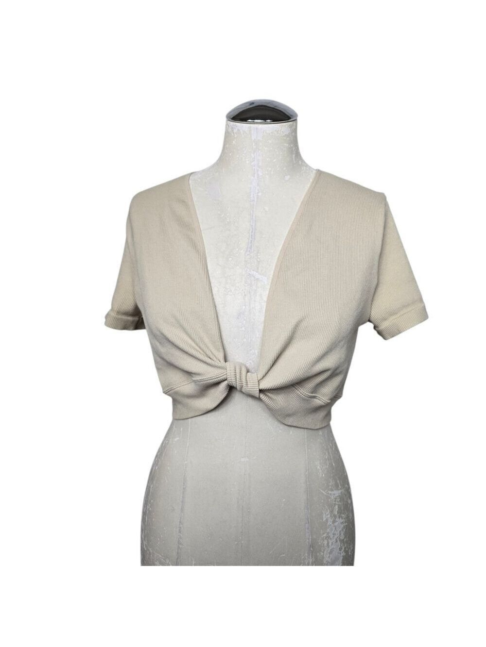 Wild Fable Cream Ribbed Twist Knot Deep Neckline Cropped Short Sleeve Top XL